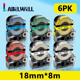 6pcs 18mm Mulitcolors SS18KW compatible for Epson SS18KW LC-5WBN ST18KW SC18RW label tapes for LW-400 LW-700 Printer