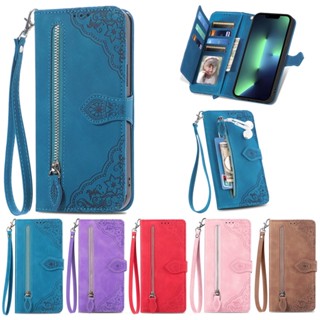 เคสโทรศัพท์หนัง ฝาพับ ลายดอกไม้ พร้อมช่องใส่บัตร มีซิป สําหรับ OPPO Reno 10 8T 8 8z 7 se 7z 6z 5z 2z 2F Lite Pro 5G