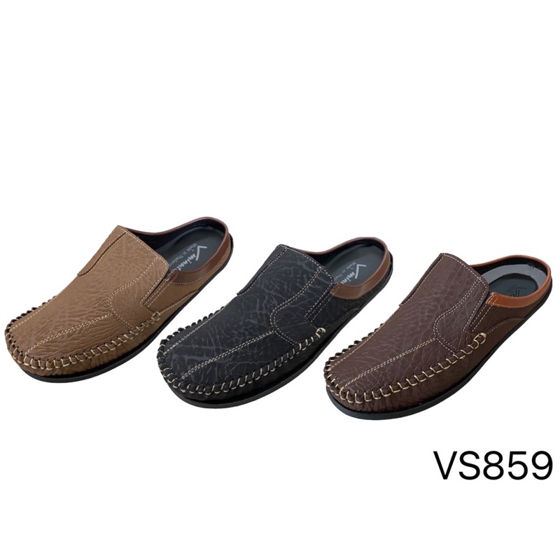 ภาพหน้าปกสินค้าV-Minnute รุ่น 859  รองเท้าคัชชูชายลายหนังช้างแนวMoccasin(มอสคาซิน)รองเท้าสวมเปิดส้น