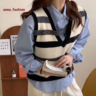 anna.fashion 9771ไหมพรมถัก เสื้อกั๊กหญิง สไตล์ย้อนยุคเกาหลี เสื้อกันหนาวไหมพรม เกาหลี สีสวย น่ารัก stripe vest