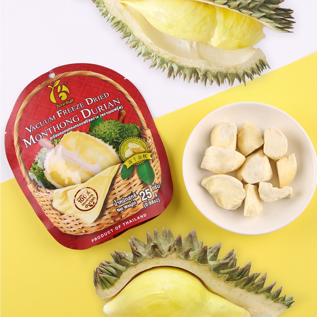 benefruit-ทุเรียนฟรีซดราย-ทุเรียนหมอนทองกรอบ-ทุเรียนล้วน-ไม่ผสมแป้ง-premium-freeze-dried-durian-ขนาด-25g-100g