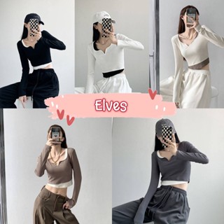 Elves✨พร้อมส่ง✨ เสื้อไหมพรมแขนยาว 2ชั้นติดกันเก๋มาก สตรีทมาก ~60106-1~