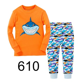 LBLP-610 ชุดนอนเด็กผู้ชาย ผ้าเนื้อบางนิ่ม สีส้ม ลายปลาฉลาม 🚗พร้อมส่งด่วนจาก กทม.🇹🇭