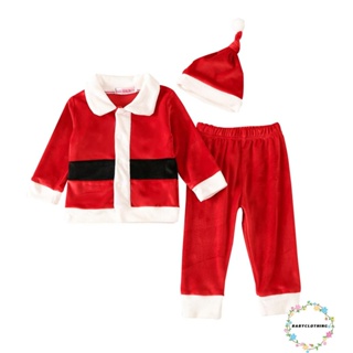 Babyclothes- ชุดเสื้อผ้าเด็กวัยหัดเดิน ชุดคริสต์มาส แขนยาว สีตัดกัน กระดุมปกเสื้อ + กางเกงเอวยางยืด