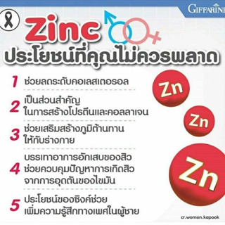 ภาพขนาดย่อของภาพหน้าปกสินค้าอาหารเสริมผู้ชาย Zinc Giffarine วิตามินบำรุงอสุจิ เพิ่มสมรรถภาพทางเพศชาย ท่านชาย มีบุตรยาก ลดสิว ผมร่วง 30แคปซูล จากร้าน magichealthystore บน Shopee ภาพที่ 2