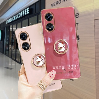 2023 New Phone Case เคส OPPO Reno8 T 4G 5G Casing Electroplating Straight Edge with Cat Stand Protective Soft Case เคสโทรศัพท