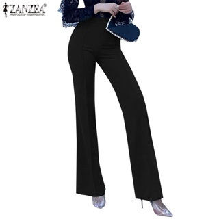 Celmia ZANZEA ผู้หญิง เอวยางยืด สีดํา กางเกงขาตรง สํานักงาน หรูหรา ชุดทํางาน กางเกงเลดี้