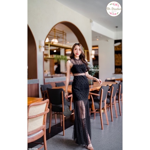 code-03-7328-เดรสออกงานสีดำ-เดรสระบายหางปลา-งานป้าย-bt