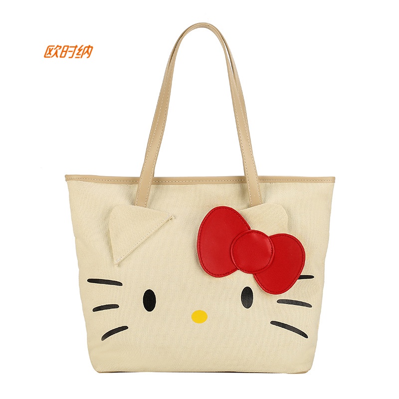 ภาพหน้าปกสินค้าJUST STAR กระเป๋าผ้าใบความจุขนาดใหญ่ Hello Kitty Cat Tote Bag กระเป๋าโท้ทสะพายไหล่การ์ตูน