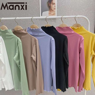 Manxi พร้อมส่ง เสื้อไหมพรมแขนยาว คอเต่าพับคอได้ ผ้านิ่มยืดได้เยอะ 6สี S141014