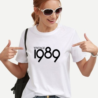 เสื้อยืดสีขาว VINTAGE 1989 baskılı tişört kadın üst yaz o-boyun kısa kollu Tee gömlek Femme gevşek rahat gömlek kadınlar
