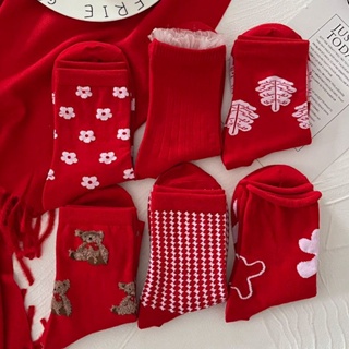ถุงเท้าข้อกลาง ลายคริสต์มาส สีแดง เข้ากับทุกการแต่งกาย สไตล์ญี่ปุ่น สําหรับผู้หญิง นักเรียน