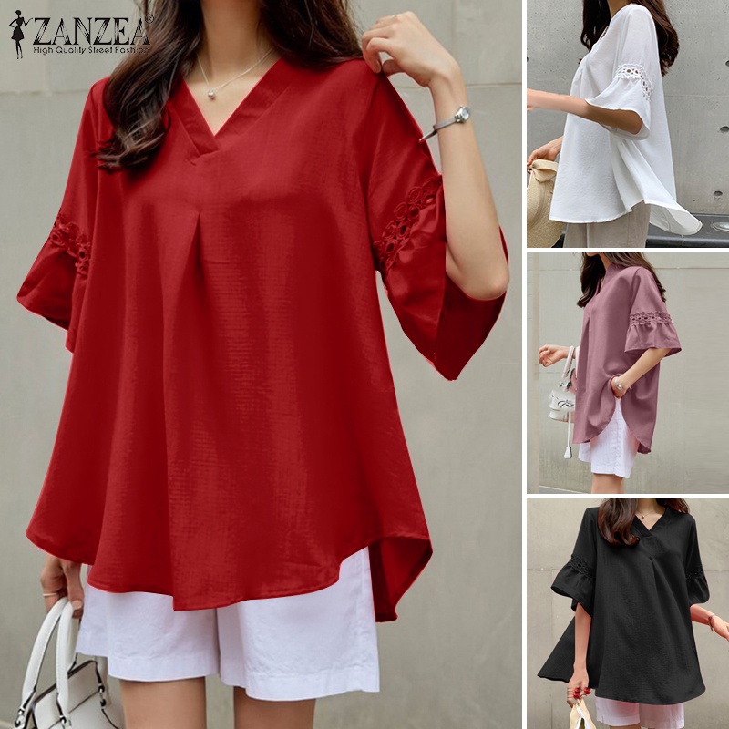 celmia-zanzea-เสื้อเบลาส์ลําลอง-แขนห้าส่วน-ทรงหลวม-แต่งลูกไม้-พลัสไซซ์-แฟชั่นสําหรับสตรี