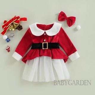 Babygarden- ชุดเดรสแขนยาว คอกลม ผ้าตาข่าย เอวสูง พร้อมเข็มขัดคาดเอว และที่คาดผม สําหรับเด็กผู้หญิง อายุ 1-6 ปี เหมาะกับงานปาร์ตี้คริสต์มาส