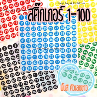 สติกเกอร์ 1-100 หลากสี 😀 พื้นสี ตัวเลขสีขาว ขนาดความกว้าง 1 ซม.