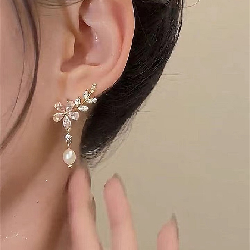 3lshop-ต่างหูมุกเทียม-รูปดอกไม้-ใบไม้-สไตล์เกาหลี-เครื่องประดับแฟชั่น-สําหรับผู้หญิง