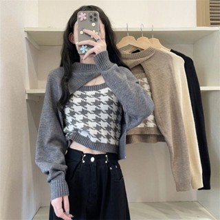เสื้อกันหนาว ตัวสั้น พร้อมสายเอี๊ยม แฟชั่นฤดูใบไม้ร่วง สําหรับผู้หญิง 2022 2 ชิ้น