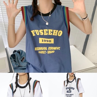 F1🚀ส่งไว เสื้อยืดแขนกุดคอกลม ขอบแขนรุ้ง ลาย FUSEEHO 2 สี