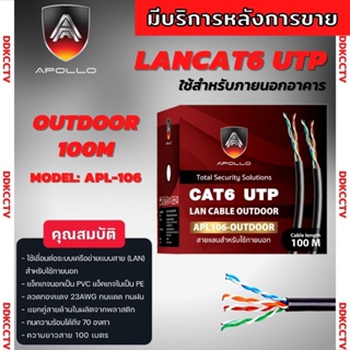 สาย LAN CAT6 UTP CABLE ยาว 100 M. ใช้งานภายนอก ยี่ห้อ Apollo APL 106 สำหรับภายนอก/ภายในอาคาร สายสีดำ