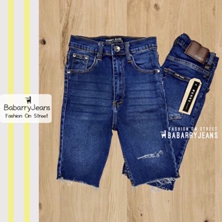 BabarryJeans กางเกงยีนส์ผู้หญิง ยีนส์สามส่วน เอวสูง กรีดขาด ผ้ายีนส์ยืด สียีนส์เข้มฟอก