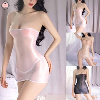 Sexy Lingerie Women Bodycon Dress Tube Top Mini Dress Oil Shiny Silky Clubwear sbs jeje
