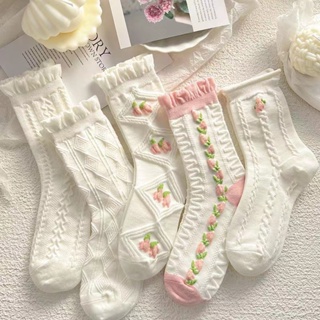 [ห้าคู่] ถุงเท้า JK แบบบาง สีขาว ลูกไม้ สไตล์ญี่ปุ่น สีชมพู สําหรับผู้หญิง