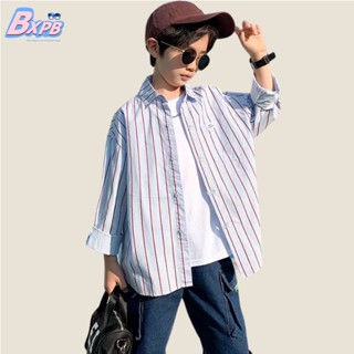 [BXPB] เสื้อเชิ้ตแขนยาวลําลอง ผ้าฝ้ายแท้ ลายทาง ทรงหลวม สวมใส่สบาย แฟชั่นสําหรับเด็กผู้ชาย อายุ 3-15 ปี