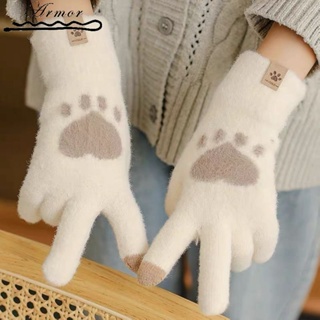 ถุงมือ ผ้าถัก แบบหนา และนุ่ม พิมพ์ลายอุ้งเท้าแมว ให้ความอบอุ่น แฟชั่นฤดูหนาว สําหรับทุกเพศ