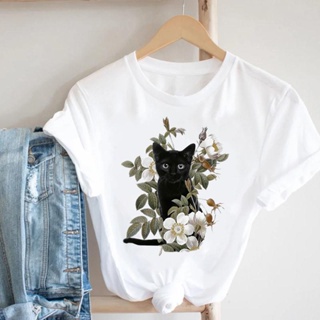 เสื้อแฟชั่นผญ แมวพืชดอกไม้ใหม่ผู้หญิงน่ารักเสื้อผ้าการ์ตูนแฟชั่นแขนสั้นพิมพ์ Tshirt ดีด้านบนกราฟิกเสื้อยืดทีเสื้อยืด