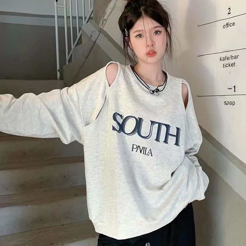 เสื้อเปิดไหล่แขนยาว-เสื้อสเวตเตอร์คอกลมแขนยาวพิมพ์ลายตัวอักษรเกาหลีสำหรับผู้หญิง