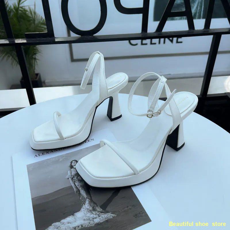 hot-sale-2022-ส้นหนากับรองเท้าส้นสูงสีชมพูเซ็กซี่กันน้ำแพลตฟอร์มรองเท้าแตะเท้าเหลี่ยมผู้หญิง