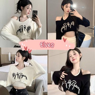 Elves✨พร้อมส่ง✨ เสื้อครอปสั้น+เสื้อคล้องคอไหมพรม ดีเทลสุดเท่ขาดๆไม่ซ้ำใคร ~Z6106~