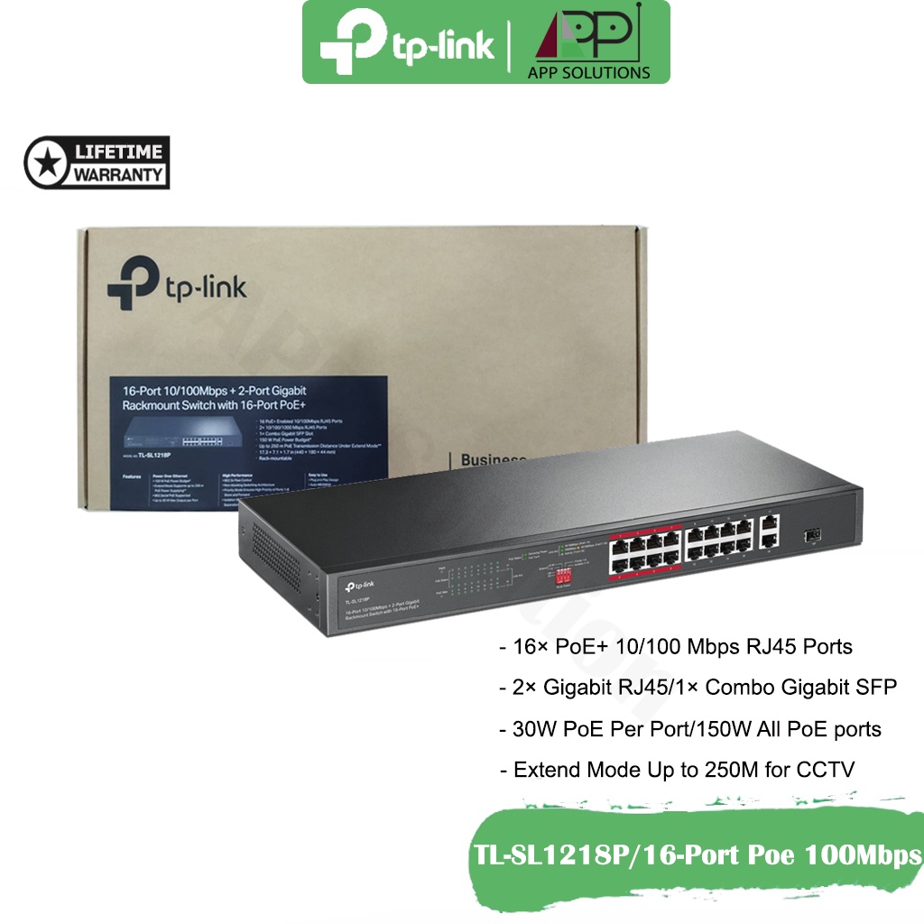 tp-link-switch-สวิตซ์ฮับ-16-port-poe-10-100mbps-2-port-gigabit-1-gigabit-sfp-slot-รุ่นtl-sl1218p-ประกันlifetime