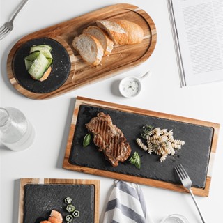 Natural wooden Board with slate stone Tray Cuisine Sushi BBQ plate pad steak Dessert cake Tray kitchen dish restaurant s