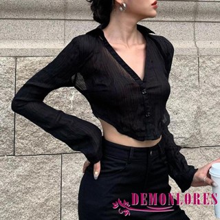 Demonlorest-เสื้อครอปท็อปแขนยาว คอปก เปิดหลัง เข้ารูป สีพื้น สําหรับผู้หญิง