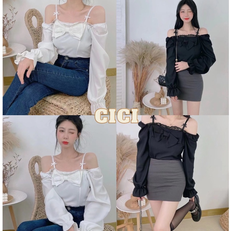 cici-พร้อมส่ง-2219-เสื้อสายเดี่ยวแขนยาวเปิดไหล่แต่งโบว์-คิ้วท์ๆสไตล์เกาหลี