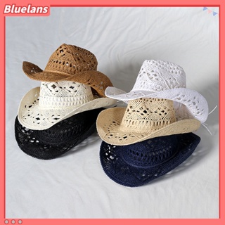 [Bluelans] หมวกฟางสาน ระบายอากาศ ทรงกลม สไตล์คาวบอยตะวันตก พับได้ สําหรับถ่ายรูป