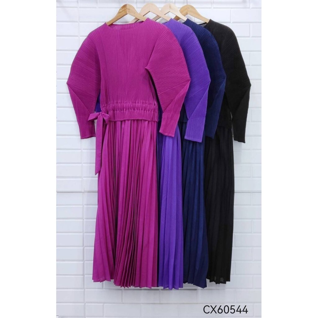 2muay-pleat-เดรสผู้หญิง-เดรสพลีทคุณภาพ-รุ่น-cx60544-3สี-free-size-angle-sleeve-tie-waist-pleat-dress