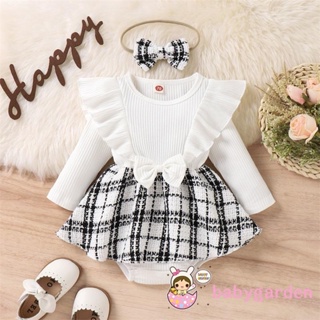 BABYGARDEN-0-24months Baby Girls Casual Ruffle Ribbed  Long Sleeve Plaid Romper and Headband
