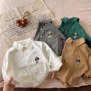 เสื้อเชิ้ตแขนยาว คอปก ลายสก๊อต สีขาว สีเขียว แฟชั่นฤดูใบไม้ร่วง สไตล์เกาหลี สําหรับเด็ก 2023