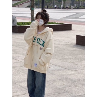 American Hiphop Milk Apricot Hoodie Coat Female Autumn and Winter Thick Ins Trendy Oversize Cardigan Top SL6005