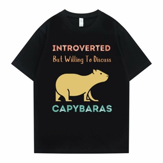 เสื้อแฟชั่นผญ เก็บตัว แต่เต็มใจที่จะ Discuuss Capybaras กราฟิกพิมพ์เสื้อยืดผู้ชายผู้หญิงฮิปฮอปขนาดใหญ่วินเทจเสื้อยืดผู้ช
