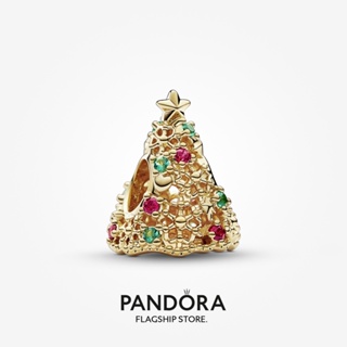 Pandora จี้ต้นคริสต์มาส ชุบทอง 14k ประดับกลิตเตอร์ สําหรับผู้หญิง p804