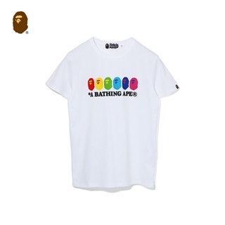 HH BAPE Womens Spring and Summer Multicolor Ape Head Pattern Letter Printing Solid Color Short-sleeved  เสื้อยืดคอกลม