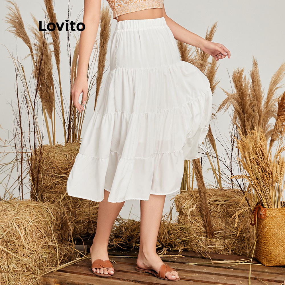 ภาพสินค้าLovito กระโปรง แต่งดีเทลย่น เบสิค แบบเรียบ สไตล์ลำลอง L14X040 (สีขาว) จากร้าน lovito.th บน Shopee ภาพที่ 3