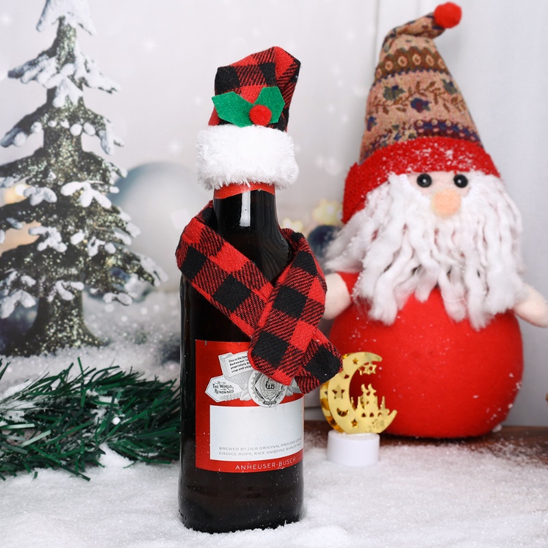 ชุดคริสต์มาส-สีแดง-สีดํา-ขนาดเล็ก-ตาข่าย-ผ้าพันคอ-หมวก-ขวดไวน์-คริสต์มาส-หมวกซานต้า-ผ้าพันคอ-บ้าน-ปาร์ตี้-อาหารค่ํา-โต๊ะ-ตกแต่งฝาขวด