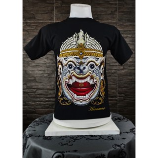 เสื้อยืด คอกลมแขนสั้น ลายไทย  ลายหน้าหนุมาร สีดำ  ผ้าคอตตอน100%  t-shirt cotton100%