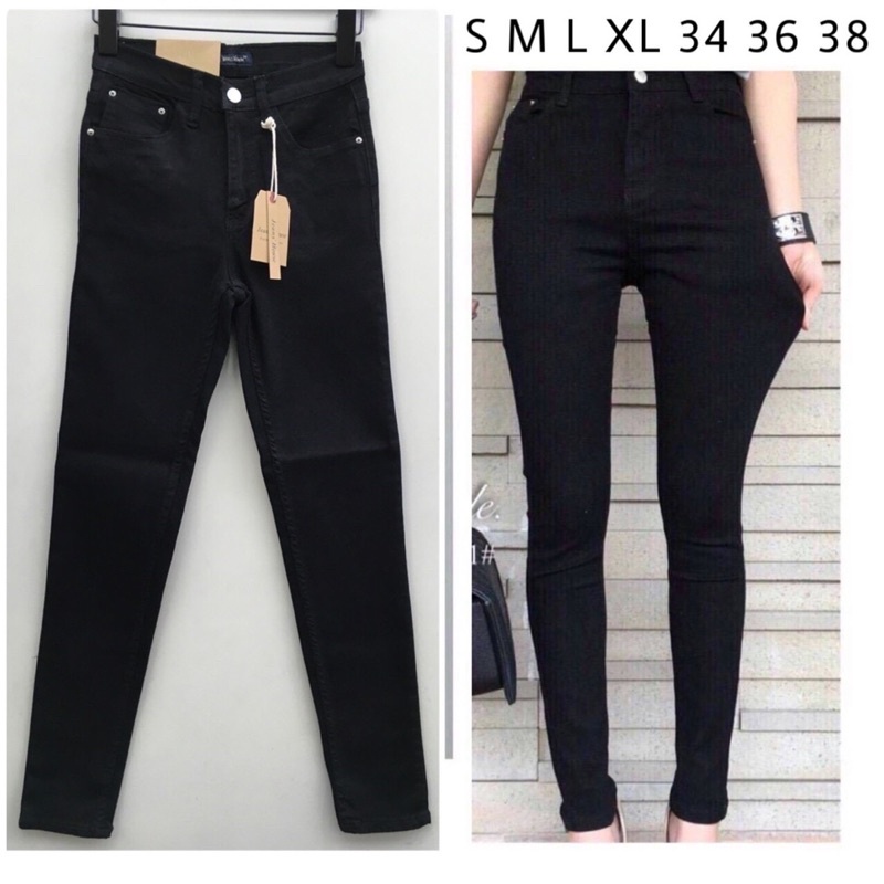 กางเกงยีนส์ผู้หญิงเอวสูง-กางเกงทำงานสีดำ-แฟชั่น-ขาเดฟ-s-m-l-xl-34-36-38