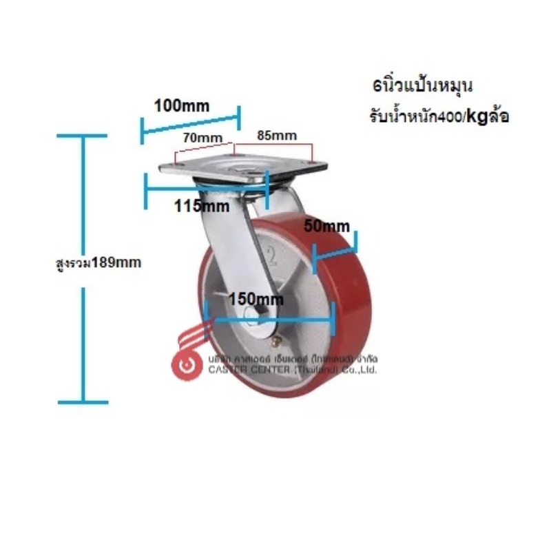 ล้อโพรียูริเทนสีแดง-heavy-duty-ขนาด-6นิ้ว-แป้นหมุน-รับน้ำหนัก-400กก-ต่อล้อ