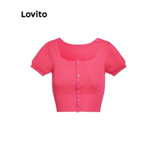 สินค้า Lovito เสื้อถัก คอสี่เหลี่ยม เรียบง่าย น่ารัก สําหรับผู้หญิง L33AD125 (สีชมพู/สีดํา)